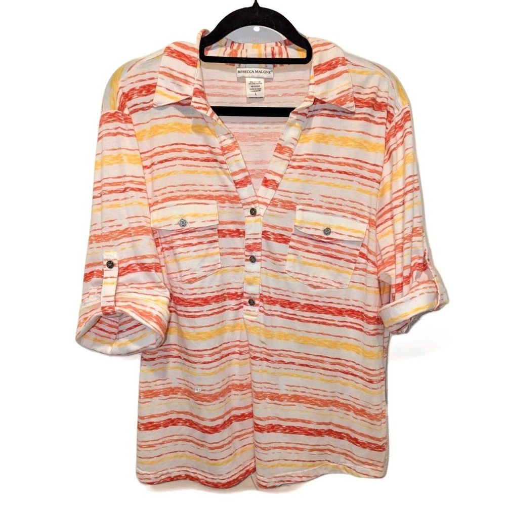 Coastal Resort Colorful Stripe Blouse Rebecca Malone Large Cuffed Sleeve Pockets